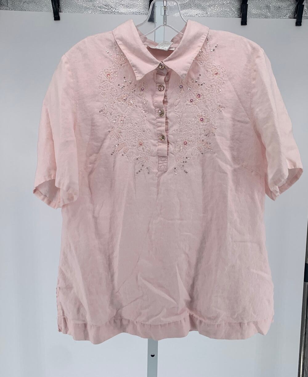 Soft Surroundings embroidered linen blouse light pink short sleeves size large